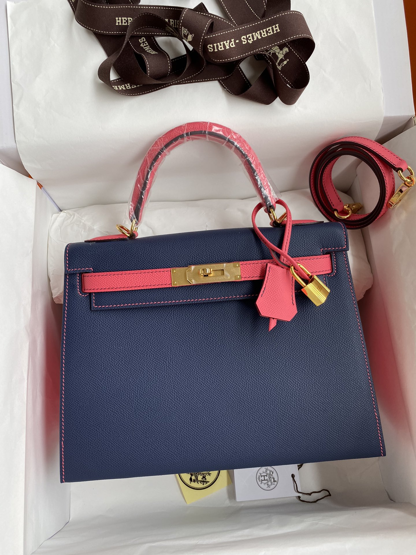 Hermes Kelly 28cm Handbag Shoulder Bag in Dark Blue Pink Epsom Leather